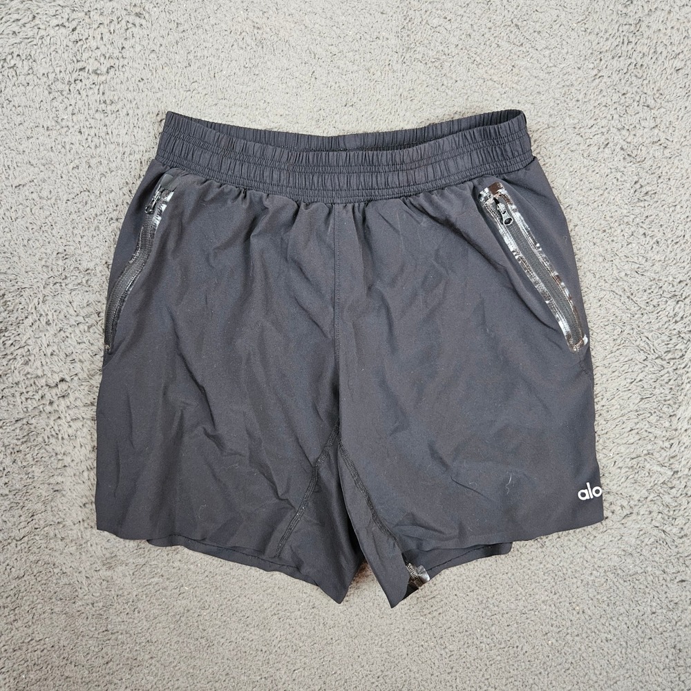 Alo‎ Yoga Womens Medium Lined Black Performance Running Shorts Zip Pockets